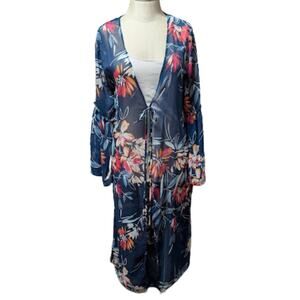 Band of Gypsies Navy Floral Semi Sheer Bell Sleeve Duster Kimono Beach Size XS